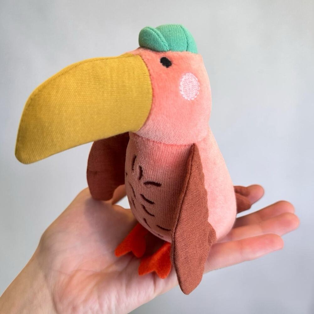 Moulin Roty Les Toupitis Pink Toucan Bird with Hat Cap Rattle Plush 6”